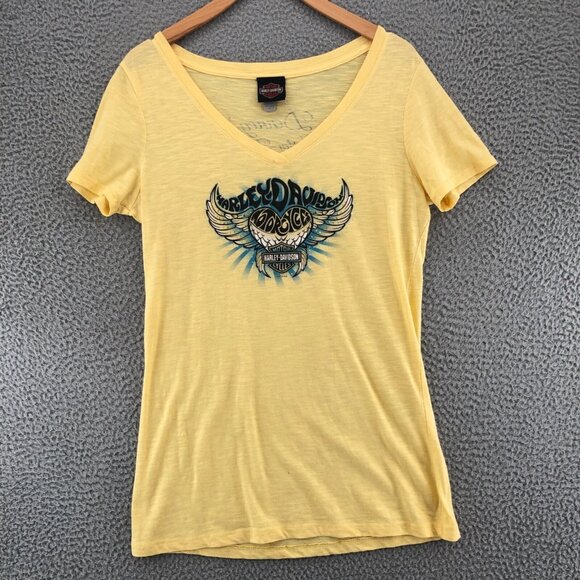 Harley Davidson Top Womens Large Yellow Springfield MO Studded Angel Wings Tee* - Picture 1 of 10